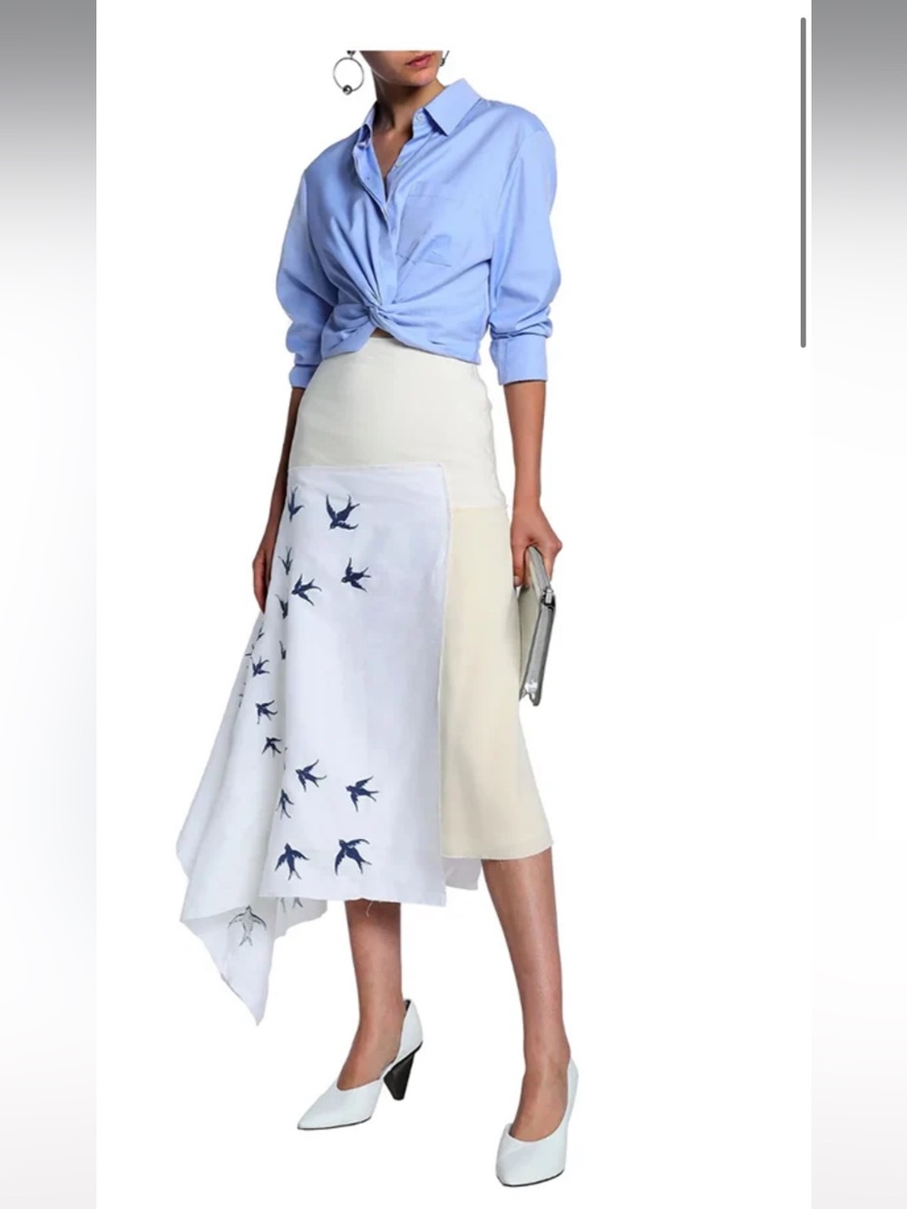JW ANDERSON Cream & Light Blue Asymmetrical Midi Skirt with Navy Bird Embroidery